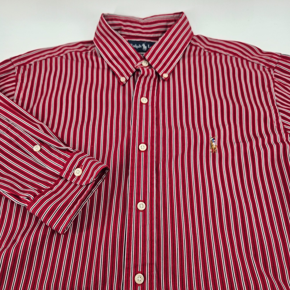 Ralph Lauren Classic Fit Mens Large Red Striped‎ Shirt Multicolor Pony Cotton LS
